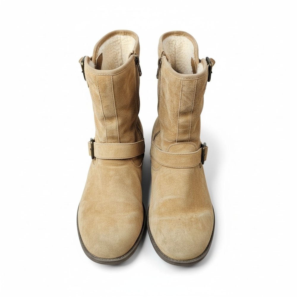 UGG Shearling Lined Buckle Boots Womens 8.5 Tan Suede Motorcycle Engineer